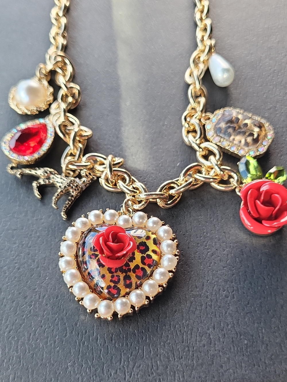 Betsey Johnson Leopard, Heart with Red Rose & Pearl Charms Necklace HL